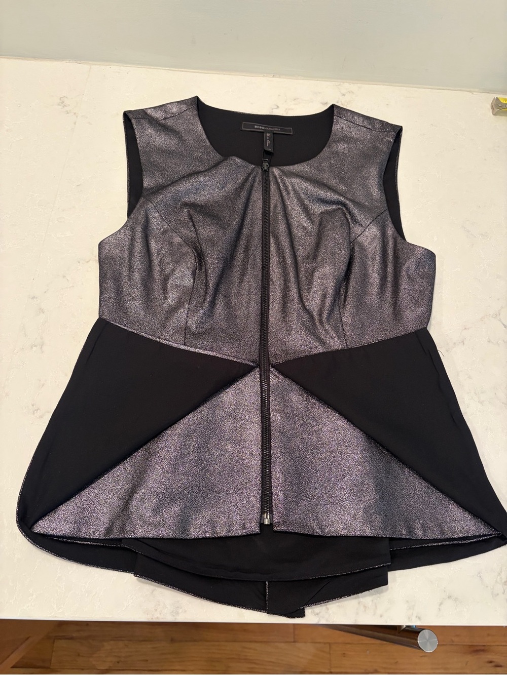 BCBGMaxAzria Shimmery Gunmetal Zip-Front Peplum Top Size XS NWT - Picture 3 of 8